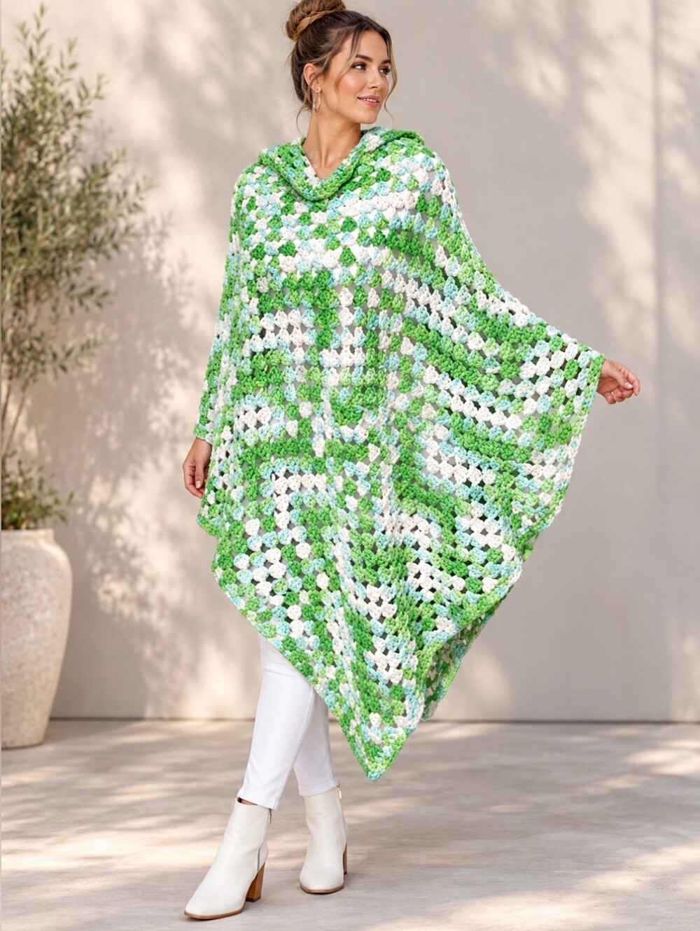 Long Crochet Pullover Poncho Open Knit Asymmetrical Handkerchief Hem One Size